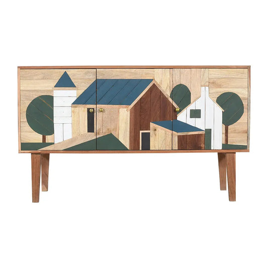 Hand Painted Sideboard 3 Door Solid Wood Storage Cabinet - Furniza