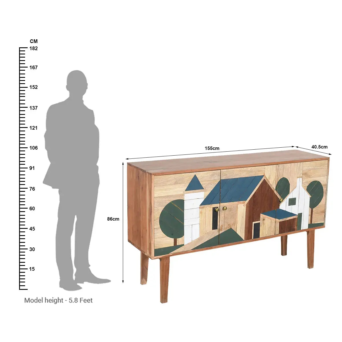 Hand Painted Sideboard 3 Door Solid Wood Storage Cabinet - Furniza