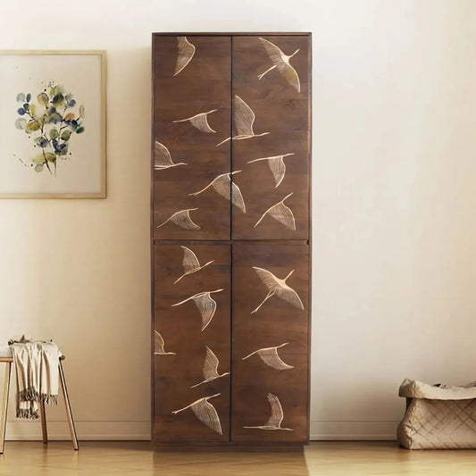 Vinda Hand Carved Mango Wood 4 Door Cabinet Walnut Finish - Furniza