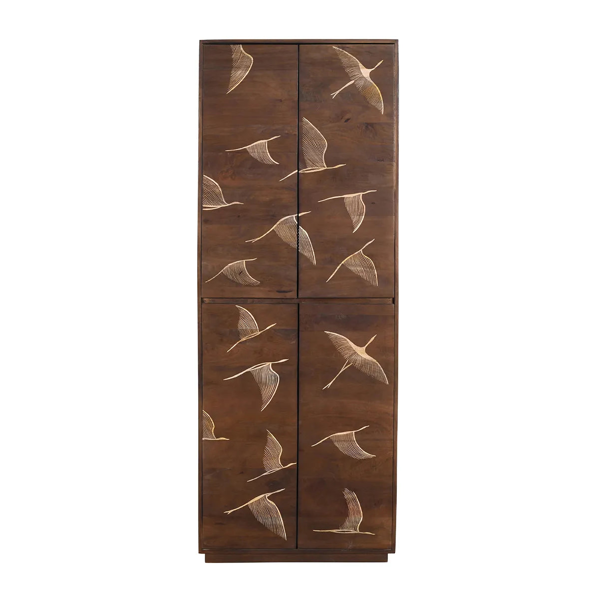 Vinda Hand Carved Mango Wood 4 Door Cabinet Walnut Finish