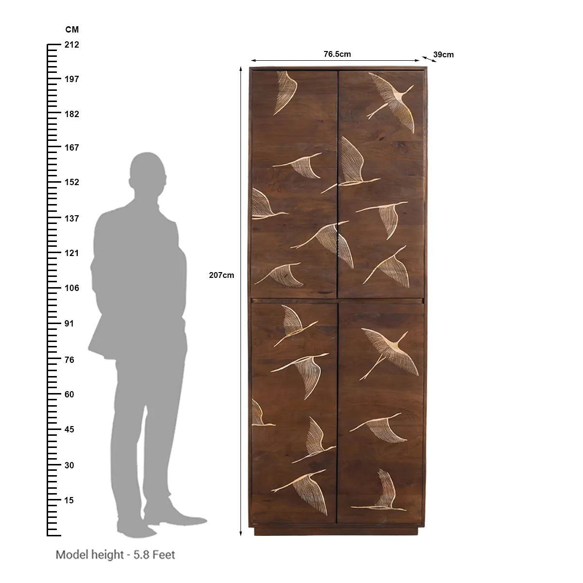 Vinda Hand Carved Mango Wood 4 Door Cabinet Walnut Finish