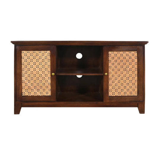 Rattan Walnut 2 Door TV Unit Handcrafted Mango Wood Media Unit - Furniza