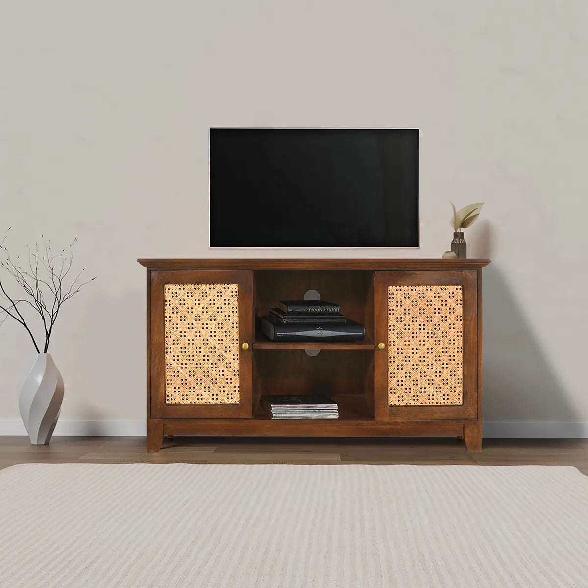 Rattan Walnut 2 Door TV Unit Handcrafted Mango Wood Media Unit
