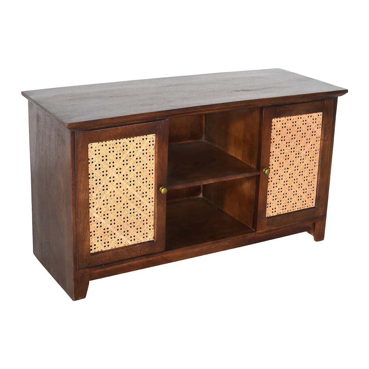 Rattan Walnut 2 Door TV Unit Handcrafted Mango Wood Media Unit
