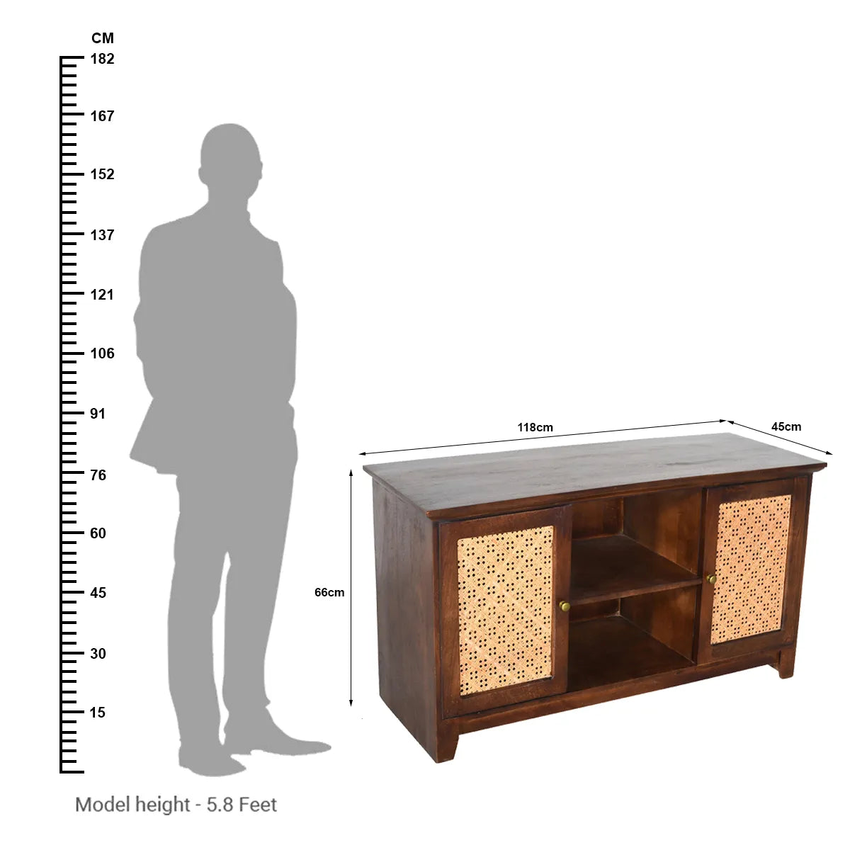 Rattan Walnut 2 Door TV Unit Handcrafted Mango Wood Media Unit