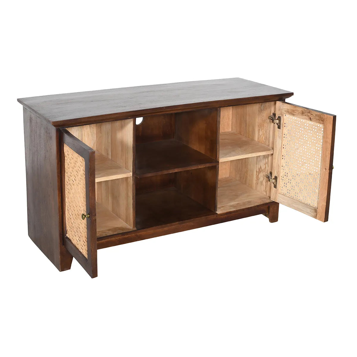 Rattan Walnut 2 Door TV Unit Handcrafted Mango Wood Media Unit