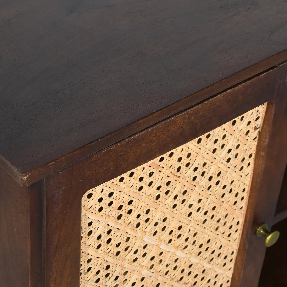 Rattan Walnut 2 Door TV Unit Handcrafted Mango Wood Media Unit