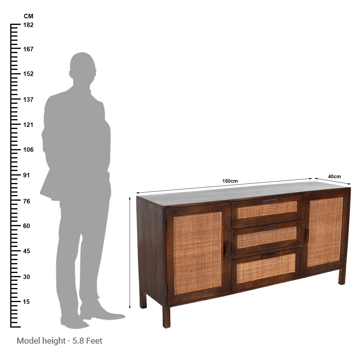 Rattan Walnut Sideboard – 2 Doors & 4 Drawers Mango Wood