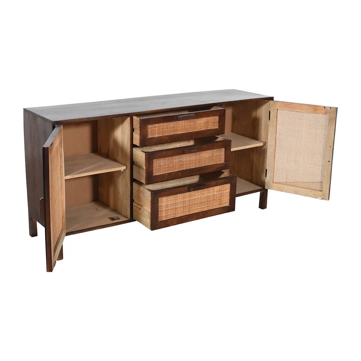 Rattan Walnut Sideboard – 2 Doors & 4 Drawers Mango Wood