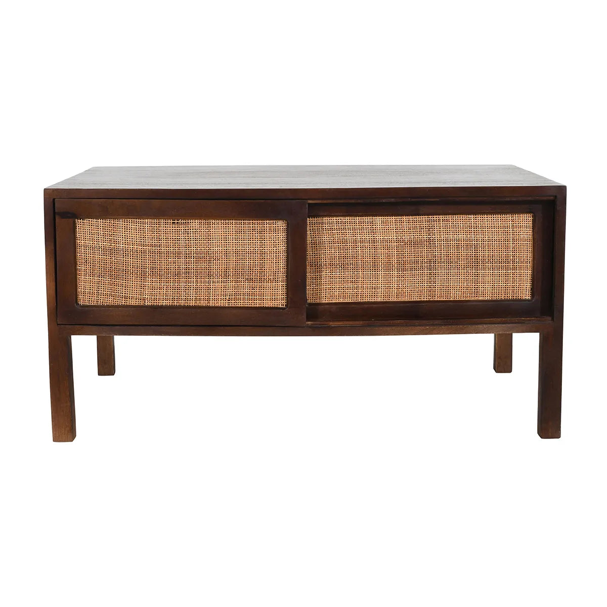 Rattan Walnut Coffee Table – 2 Sliding Doors Mango Wood