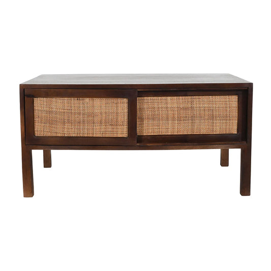 Rattan Walnut Coffee Table – 2 Sliding Doors Mango Wood - Furniza