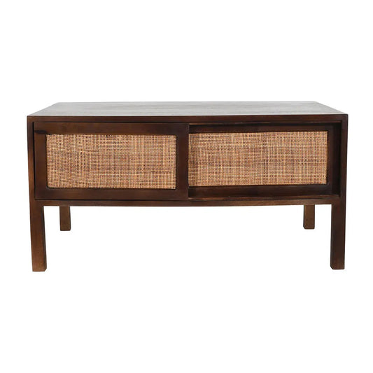 Rattan Walnut Coffee Table – 2 Sliding Doors Mango Wood - Furniza