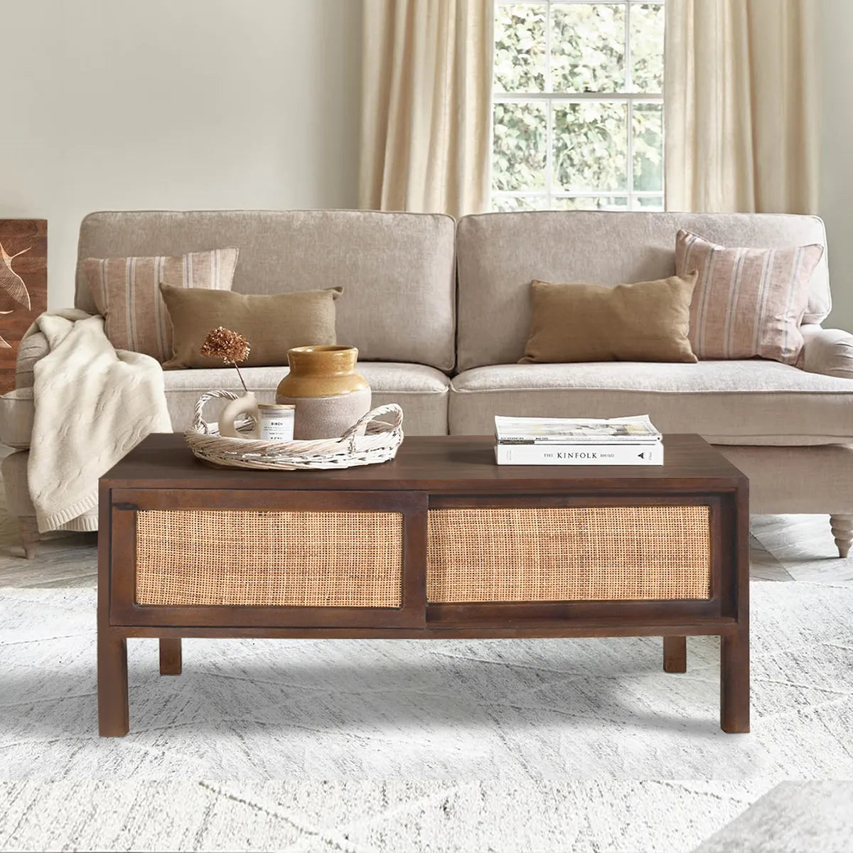 Rattan Walnut Coffee Table – 2 Sliding Doors Mango Wood