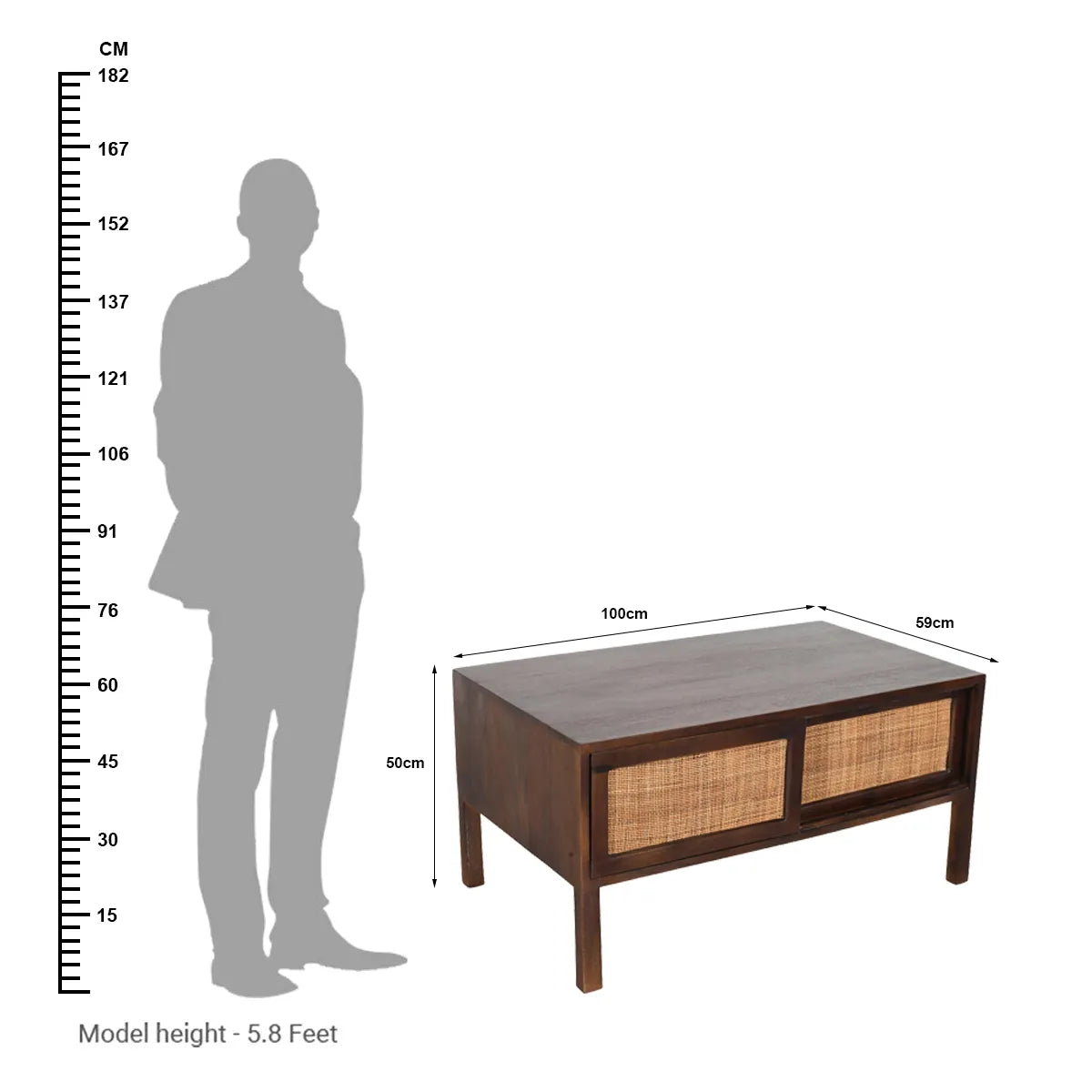 Rattan Walnut Coffee Table – 2 Sliding Doors Mango Wood