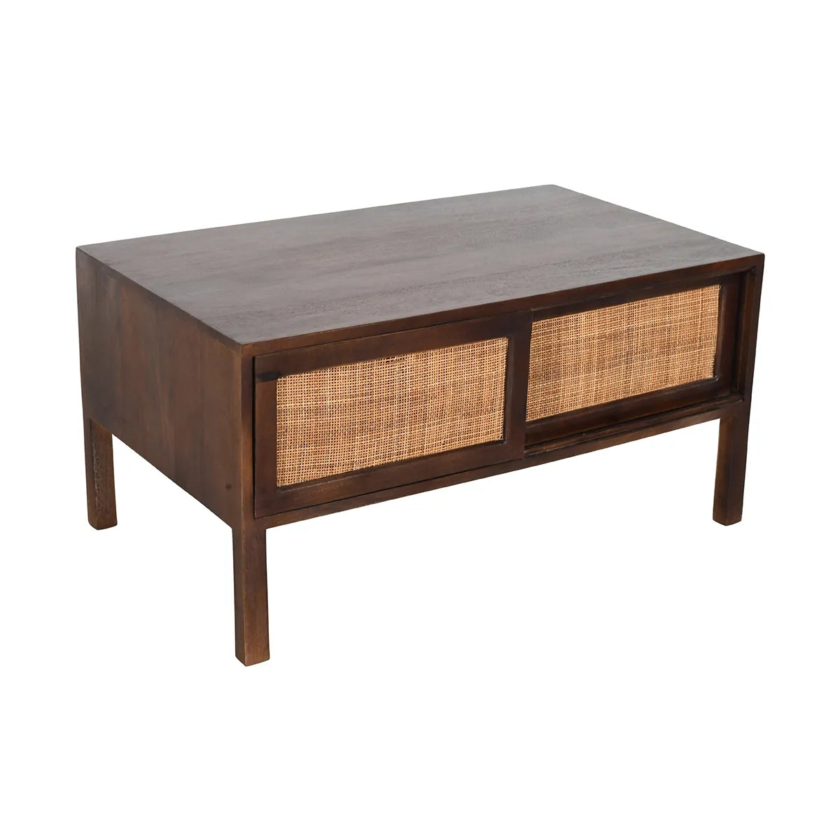 Rattan Walnut Coffee Table – 2 Sliding Doors Mango Wood