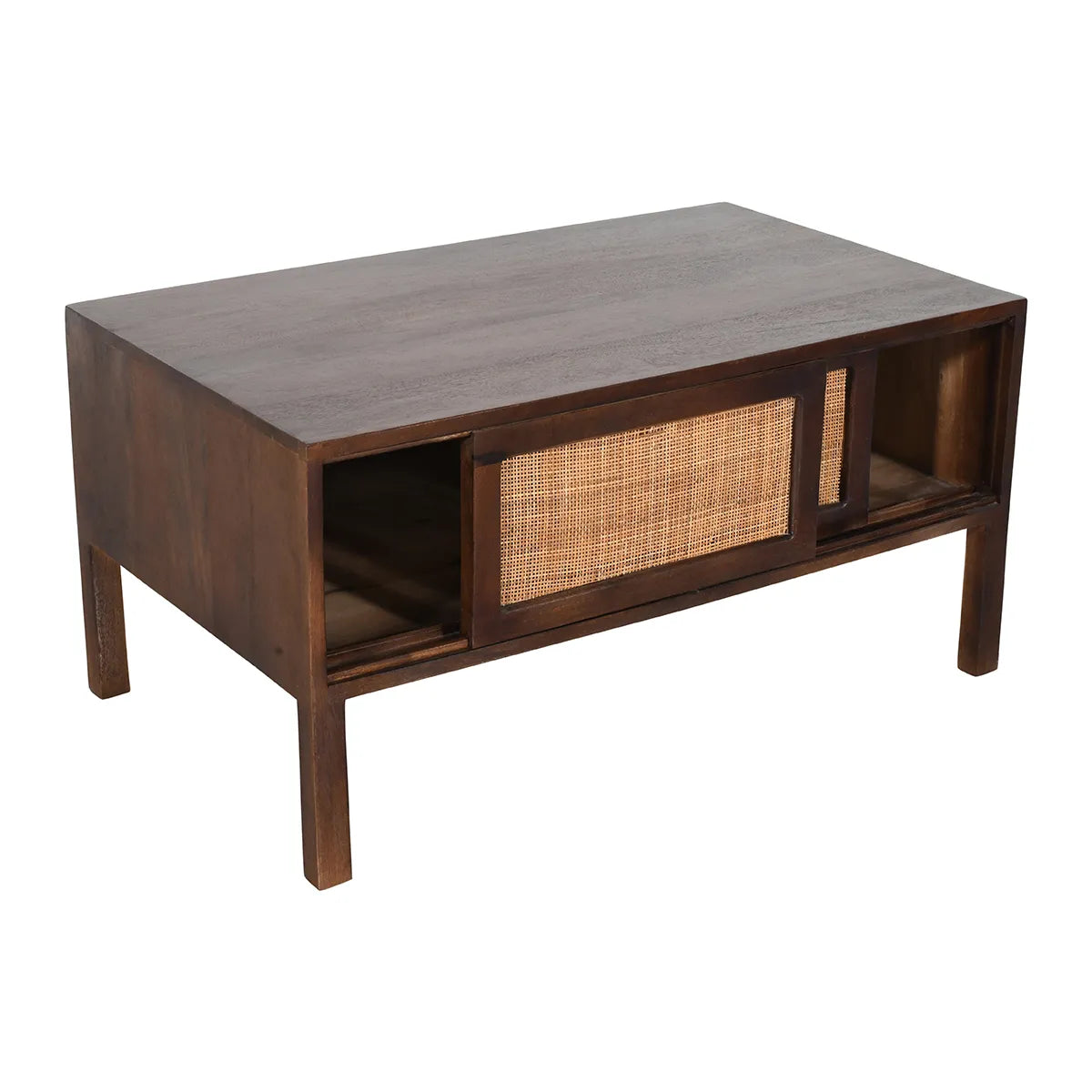 Rattan Walnut Coffee Table – 2 Sliding Doors Mango Wood