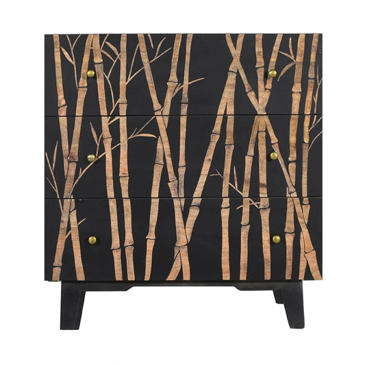 Bamboo Noir 3 Drawer -Chest in Bold Black Finish Hand Carved Mango Wood - Furniza