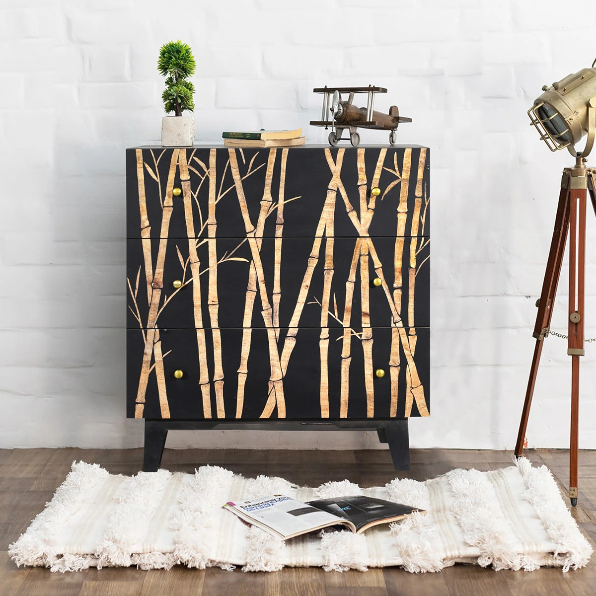 Bamboo Noir 3 Drawer -Chest in Bold Black Finish Hand Carved Mango Wood