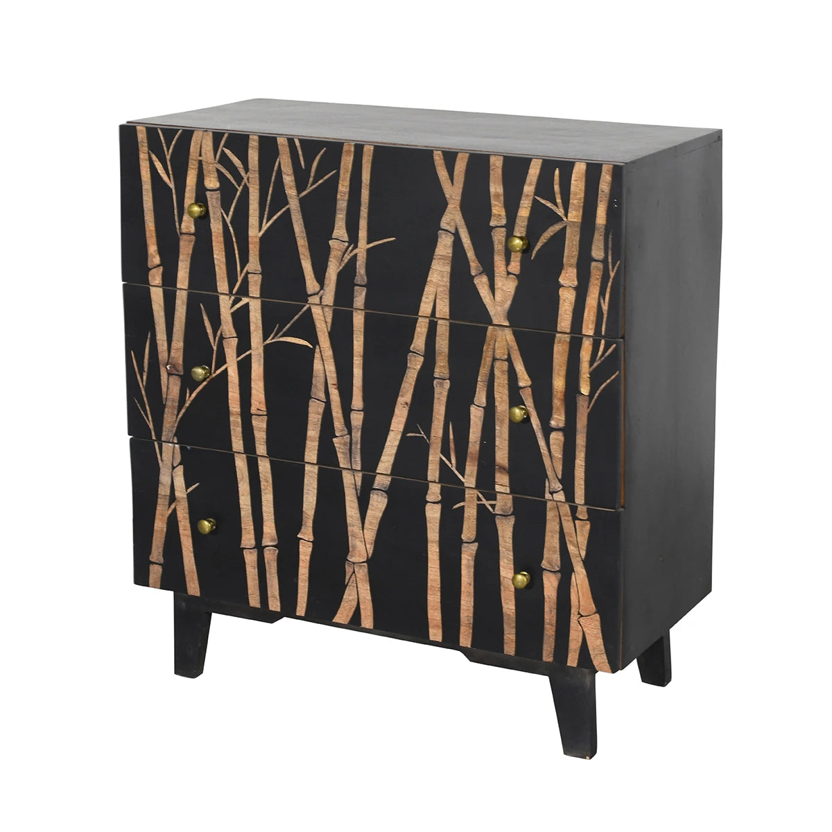 Bamboo Noir 3 Drawer -Chest in Bold Black Finish Hand Carved Mango Wood
