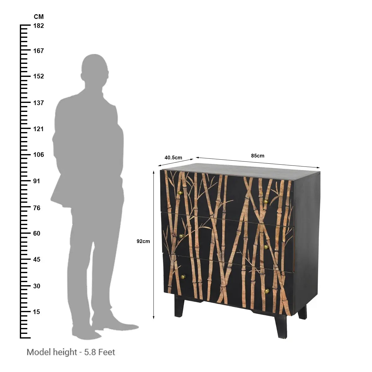 Bamboo Noir 3 Drawer -Chest in Bold Black Finish Hand Carved Mango Wood - Furniza