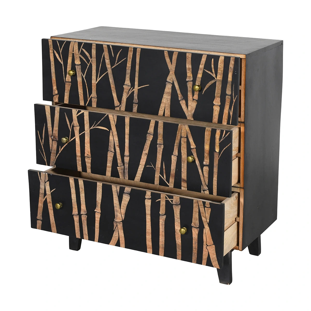 Bamboo Noir 3 Drawer -Chest in Bold Black Finish Hand Carved Mango Wood
