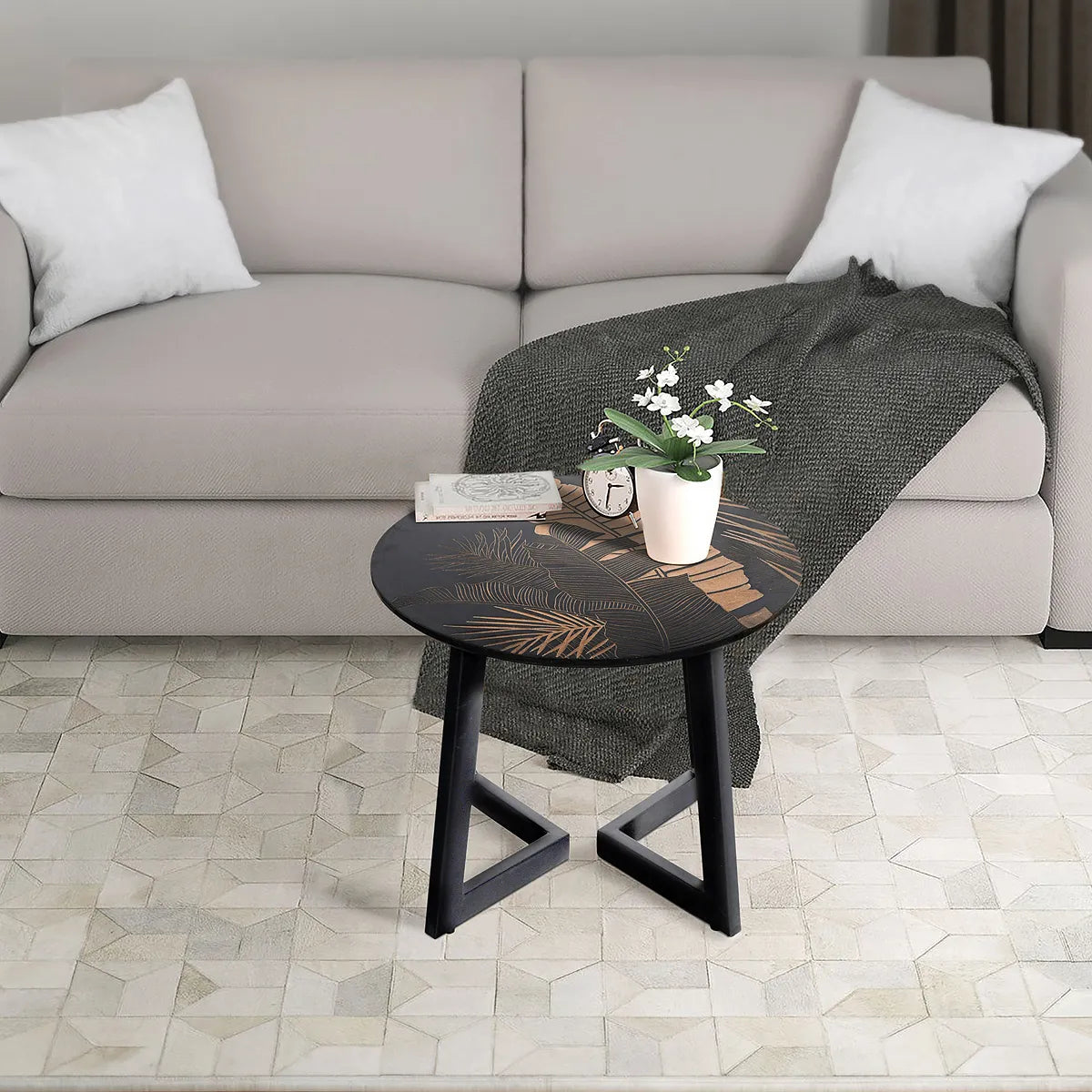 Black Wooden Coffee Table with Hand-Carved Leaf Pattern – Modern Accent Furniture