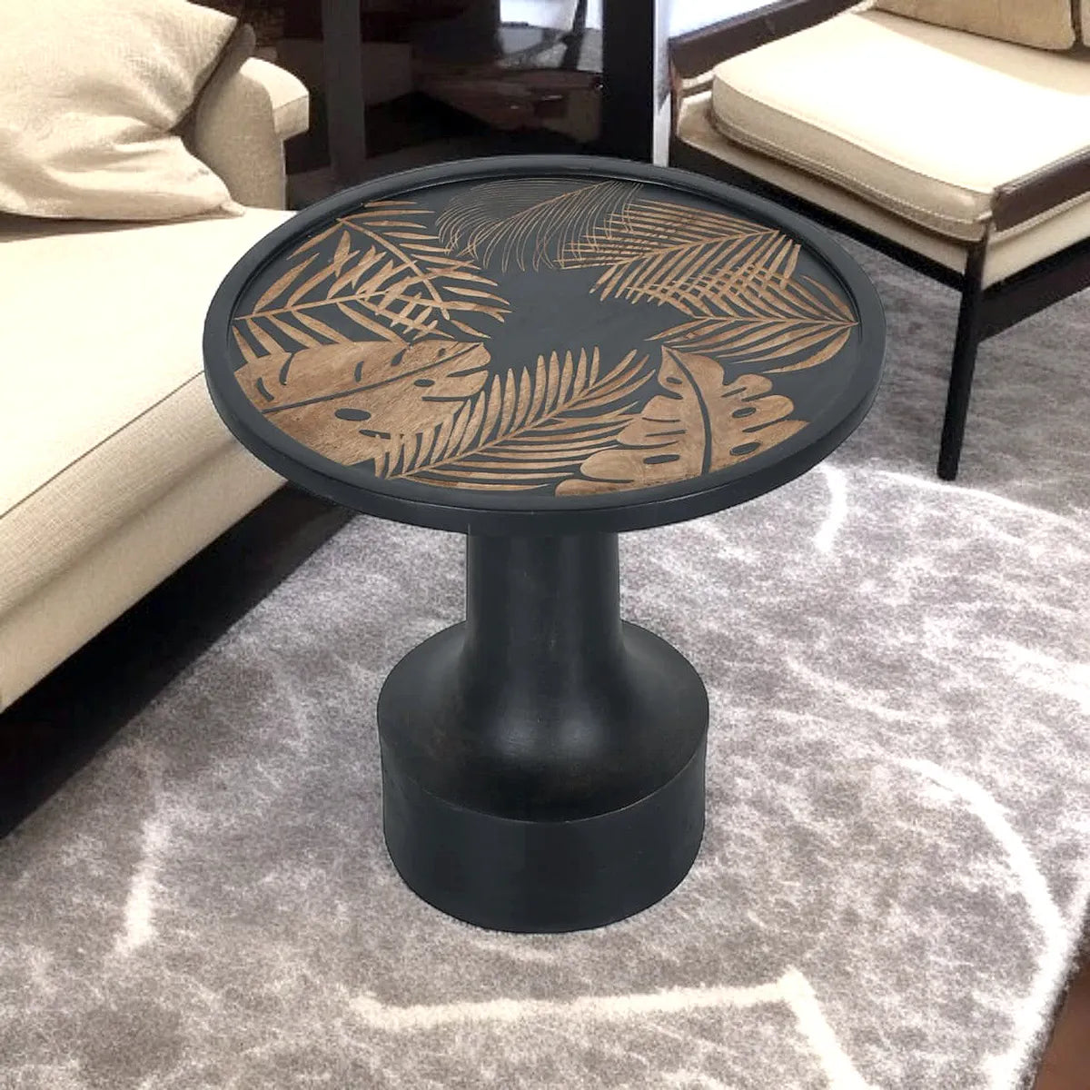 Bold Black Side Table with Leaf Hand Carving – Nature-Inspired Accent Table