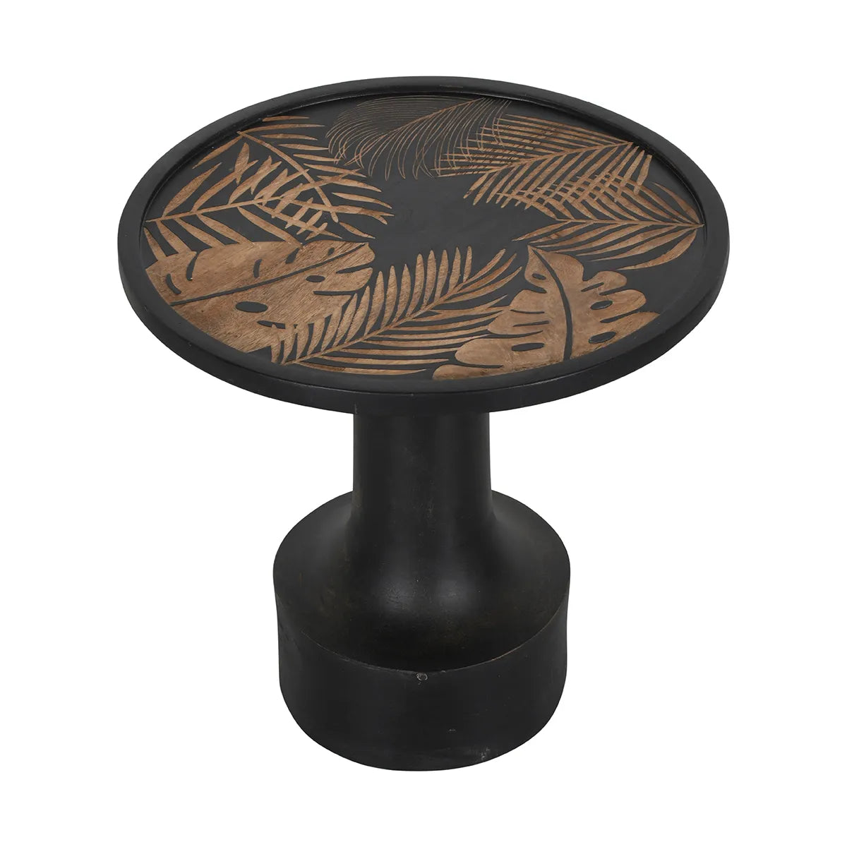 Bold Black Side Table with Leaf Hand Carving – Nature-Inspired Accent Table