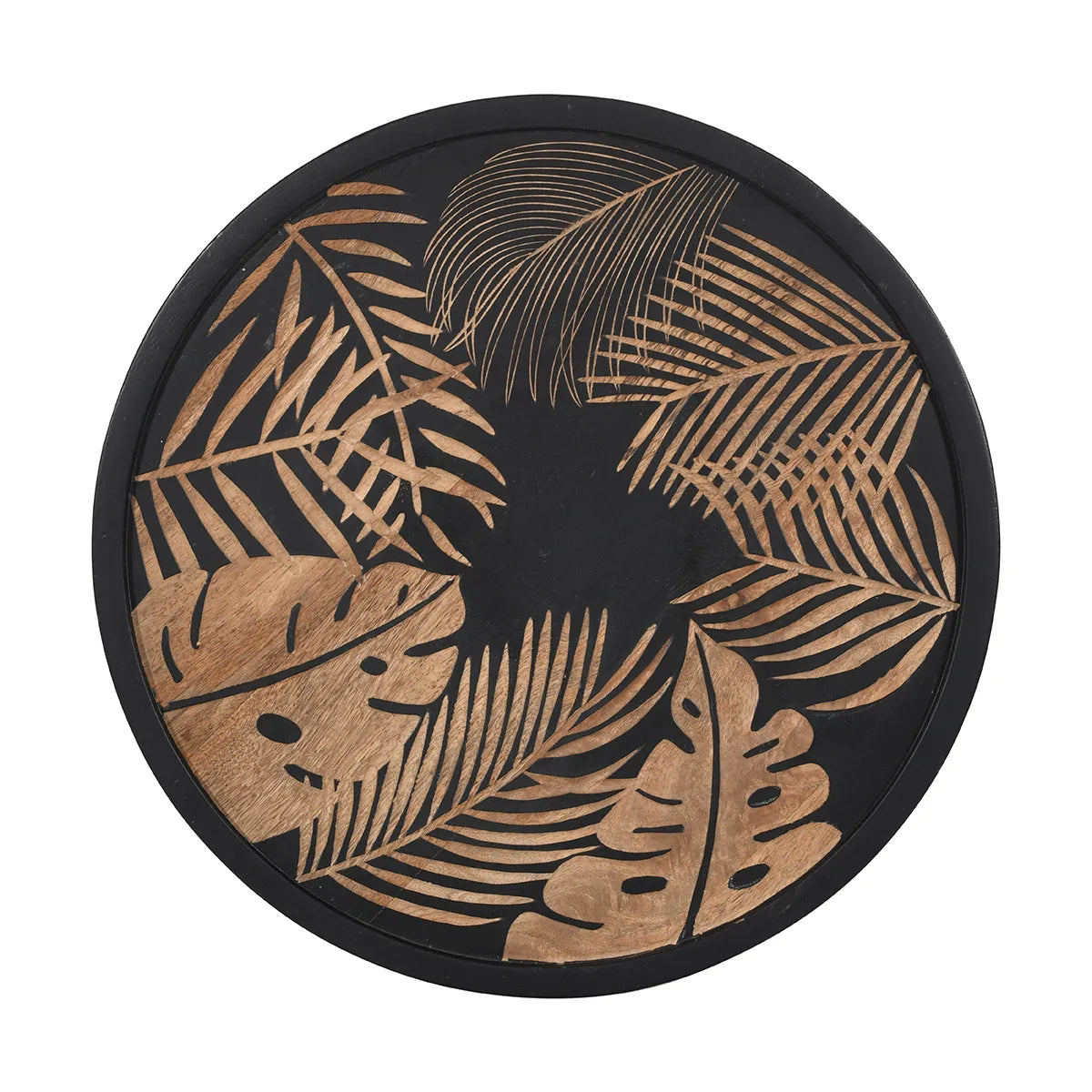 Bold Black Side Table with Leaf Hand Carving – Nature-Inspired Accent Table