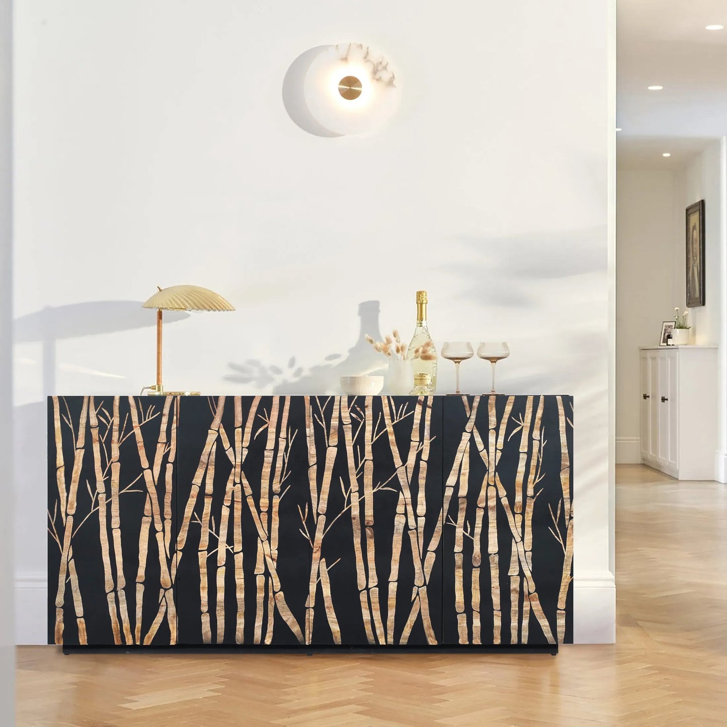 Bamboo Noir 4 Door Sideboard in Bold Black Finish Hand Carved Mango Wood
