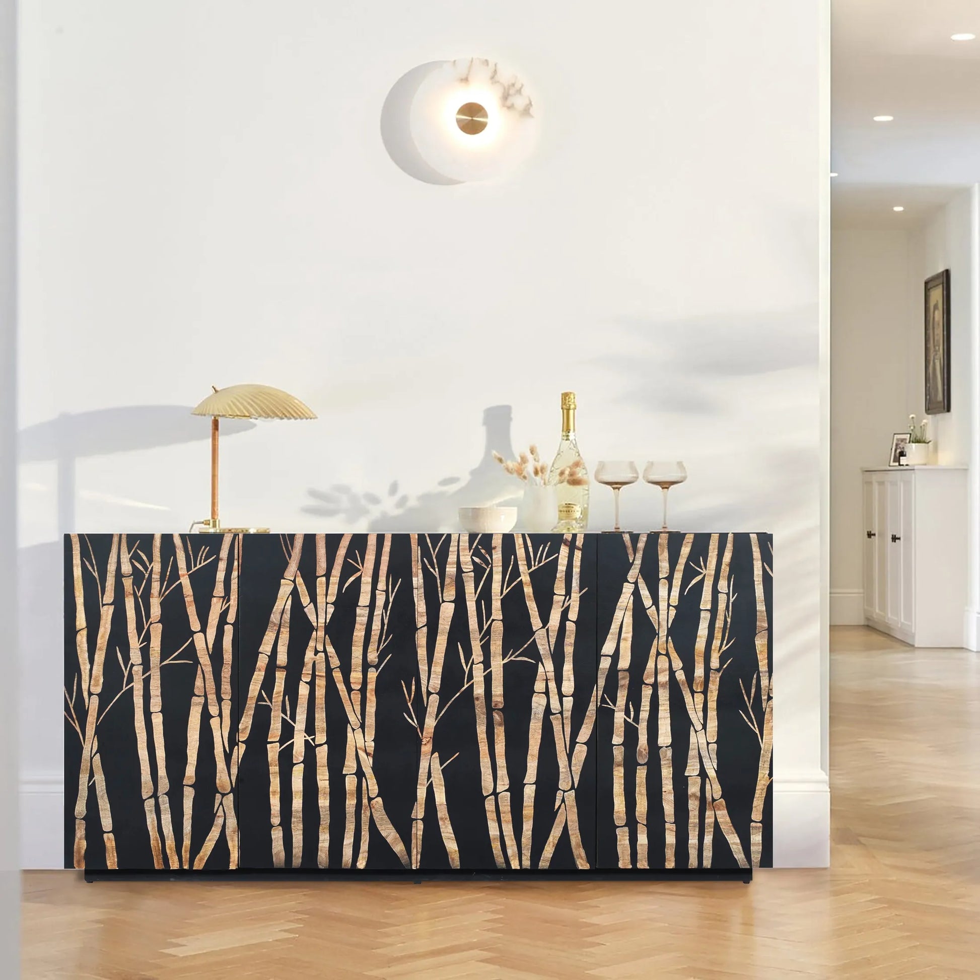 Bamboo Noir 4 Door Sideboard in Bold Black Finish Hand Carved Mango Wood - Furniza