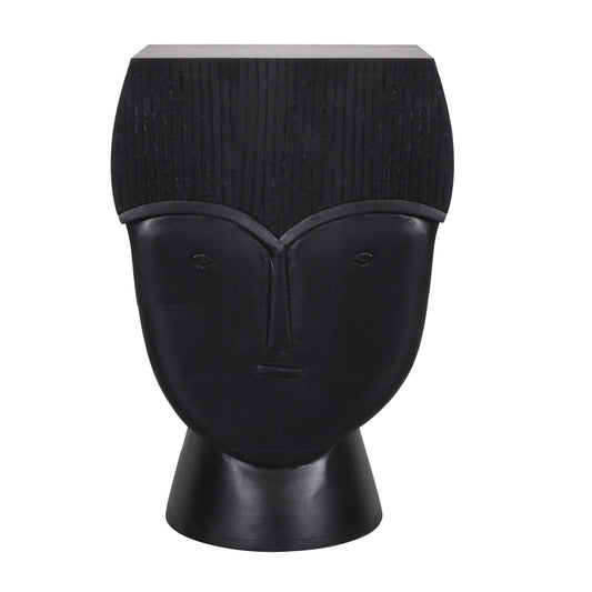 Sculptural Face Hand-Carved Black Side Table - Furniza