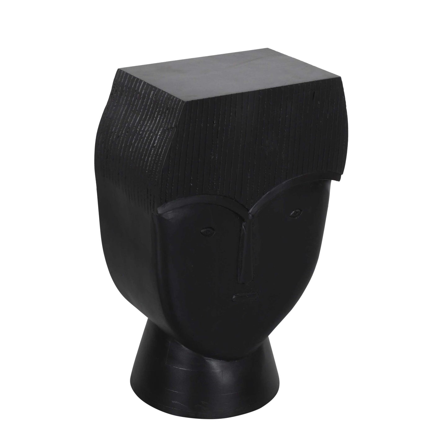 Sculptural Face Hand-Carved Black Side Table