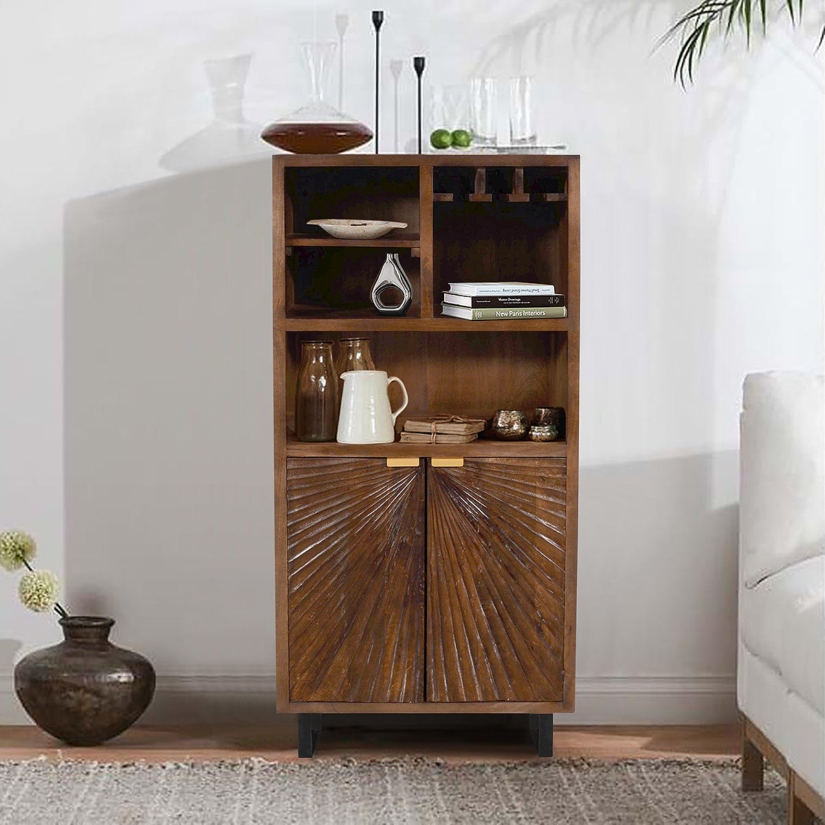 Hand-Carved 2 Door Bar Unit in Rich Walnut Finish – Solid Mango Wood