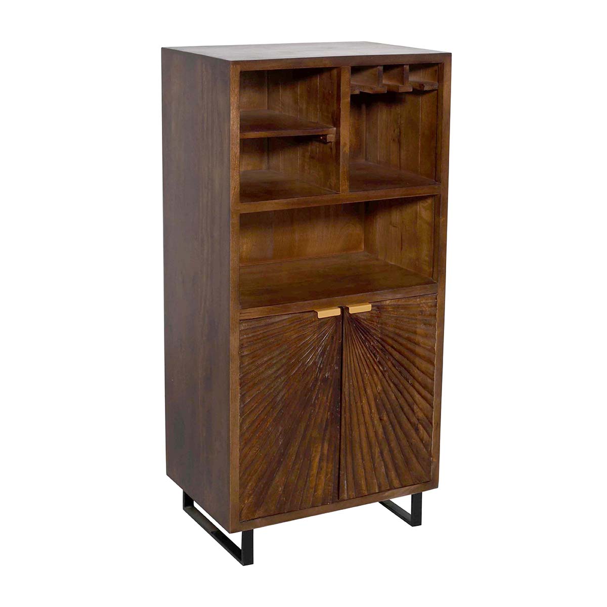 Hand-Carved 2 Door Bar Unit in Rich Walnut Finish – Solid Mango Wood