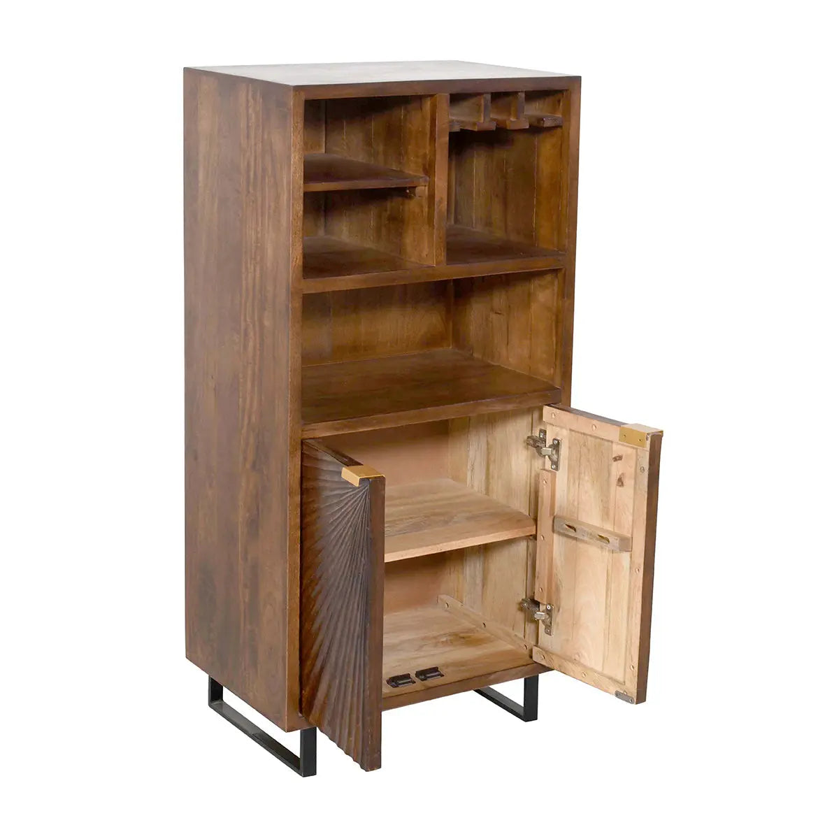 Hand-Carved 2 Door Bar Unit in Rich Walnut Finish – Solid Mango Wood - Furniza