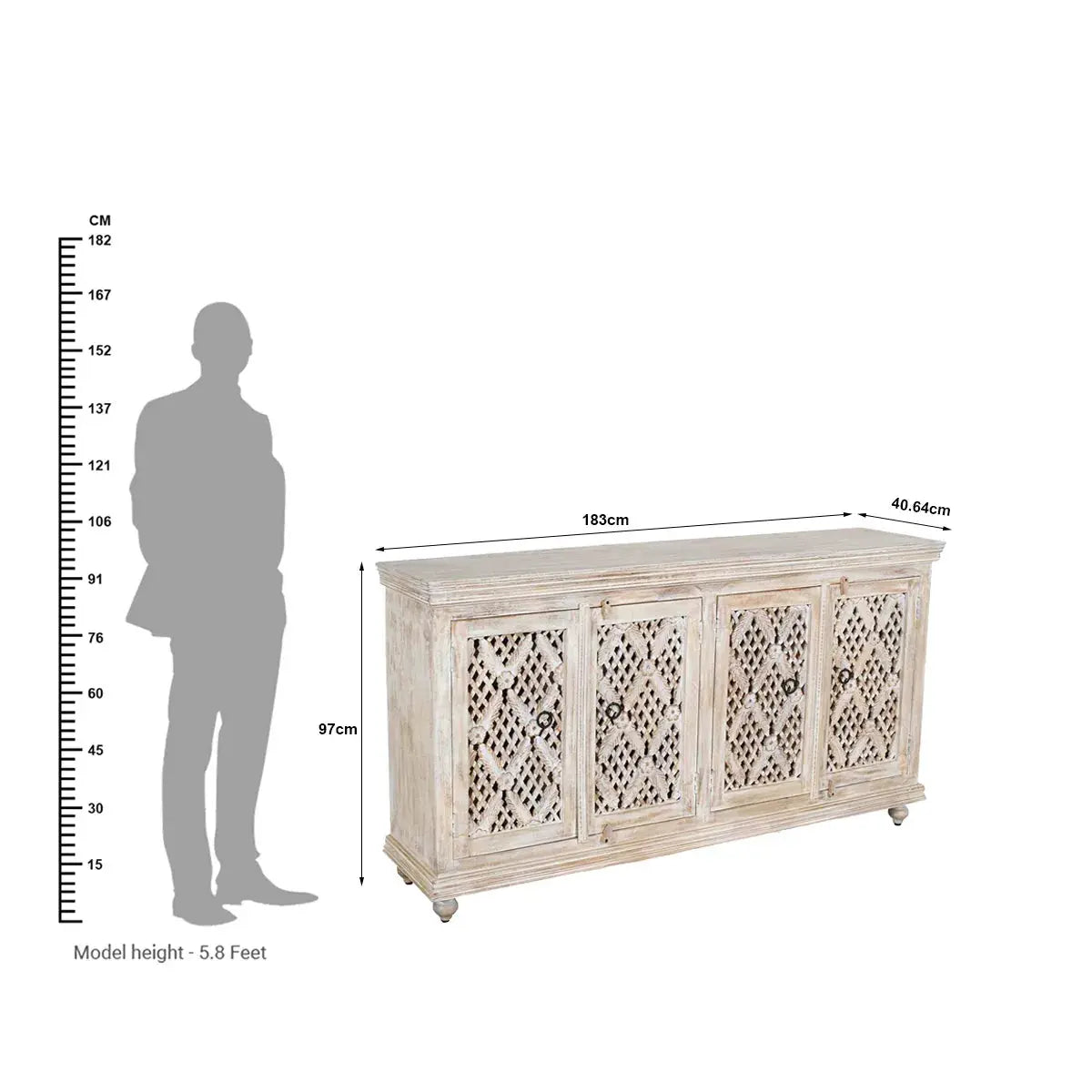4 Door Sideboard - White Wash Finish | Hand-Carved Traditional Design | Solid Mango Wood - Furniza