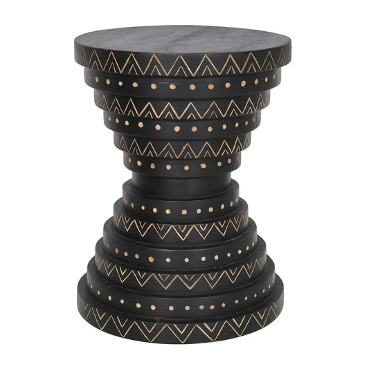 Furniza Black Side Table with Hand-Carved Leaf Pattern – Artisan Wooden Accent Table - Furniza
