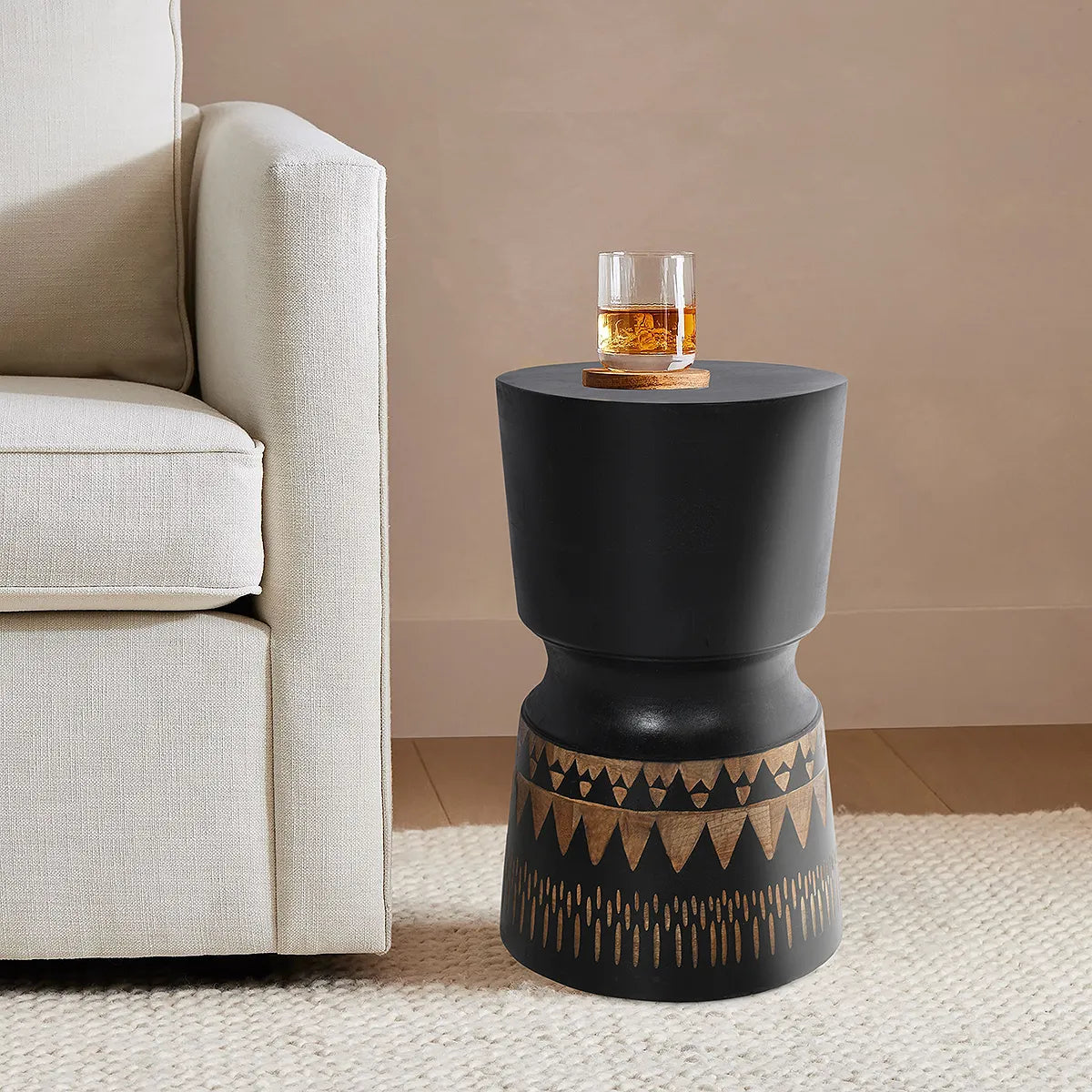 Bold Wash Finish Side Table with Hand Carving – Artistic Accent Table