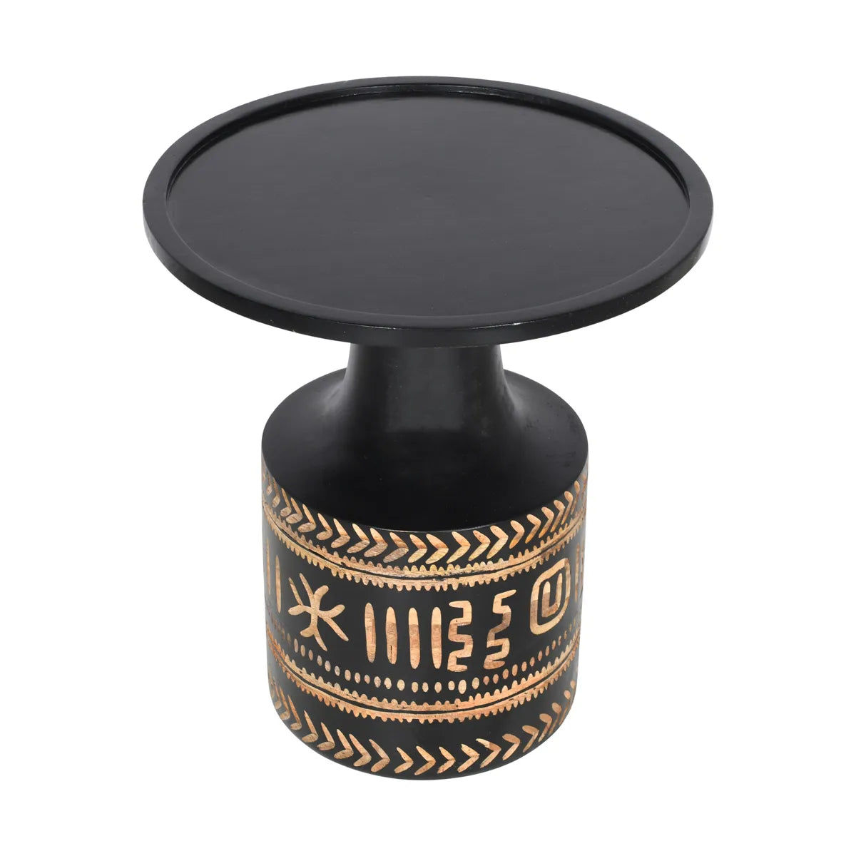 Black Carved Side Table with Tribal Leaf Motif – Accent Table