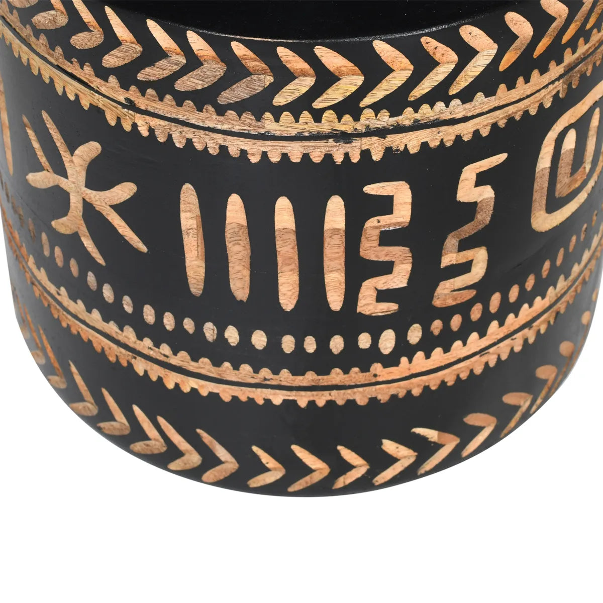 Black Carved Side Table with Tribal Leaf Motif – Accent Table