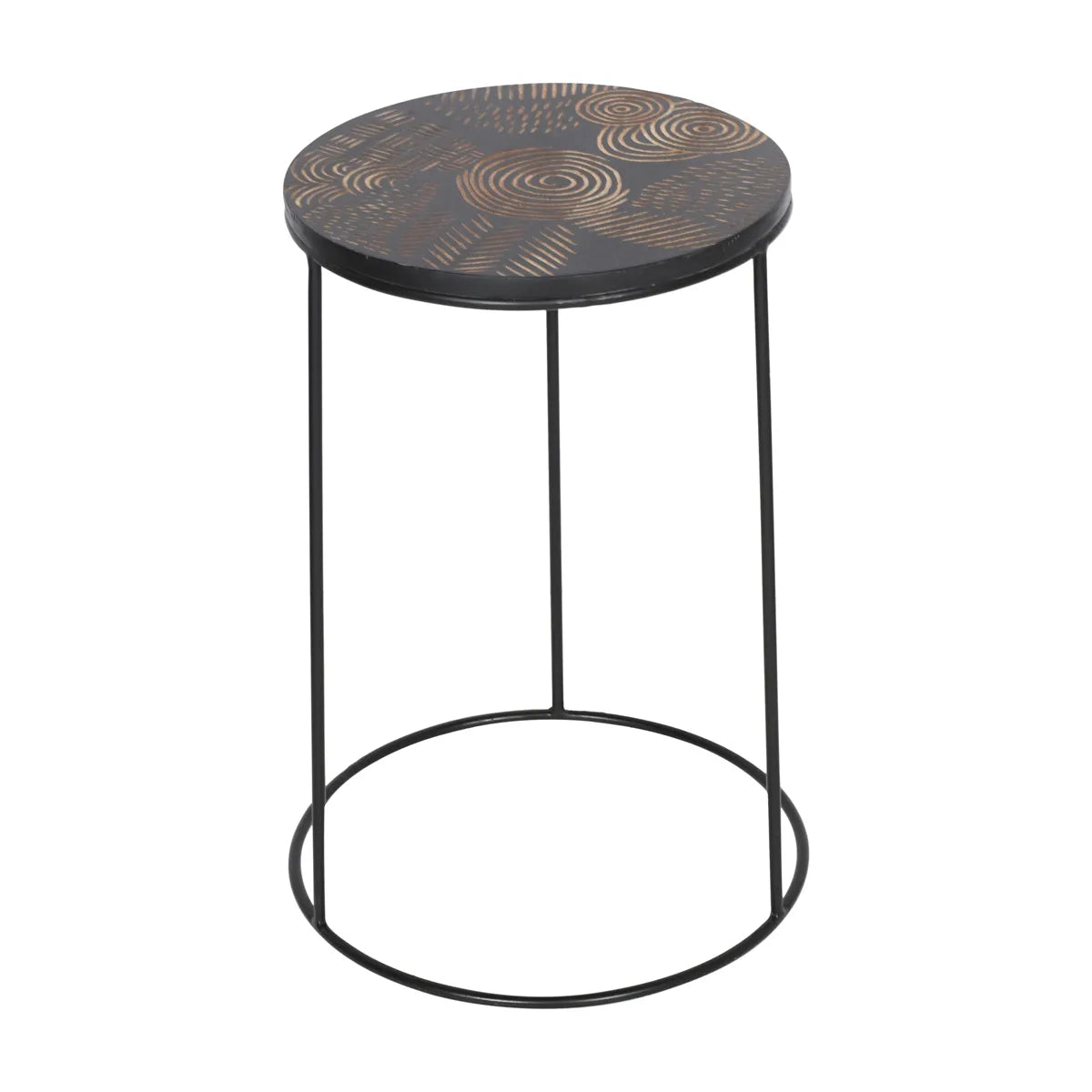 Hand-Carved Black Side Table with Iron Base – Modern Minimal Accent Table