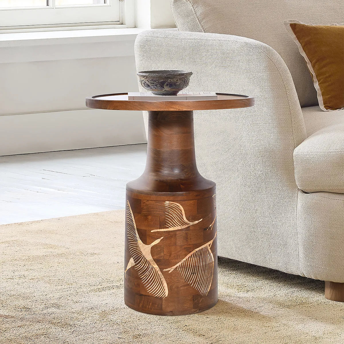 Walnut Side Table with Hand-Carved Bird & Leaf Motif – Artisan Wooden Accent Table