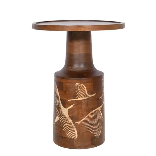Walnut Side Table with Hand-Carved Bird & Leaf Motif – Artisan Wooden Accent Table - Furniza