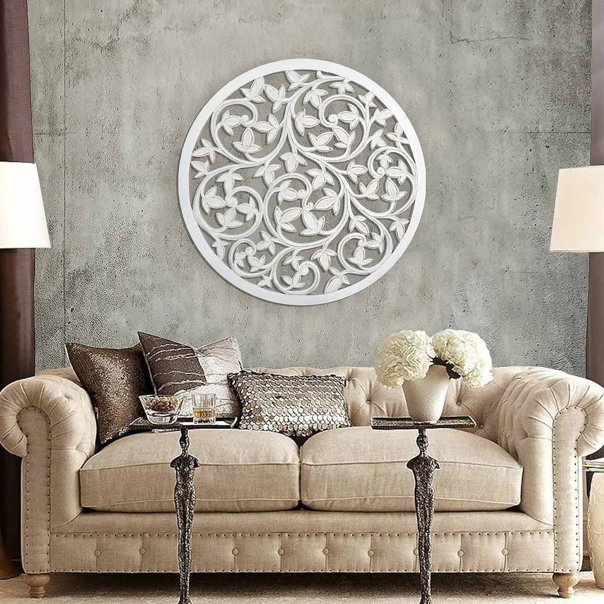 White Wash Hand-Carved Wall Panel with Leaves & Flowers
