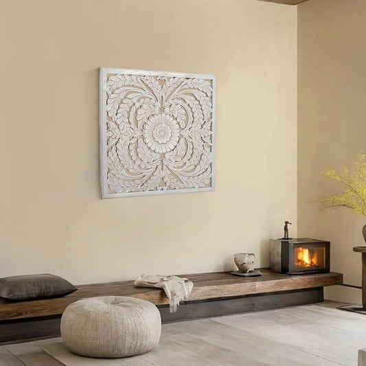 White Wash Floral Hand-Carved Wall Panel - Furniza