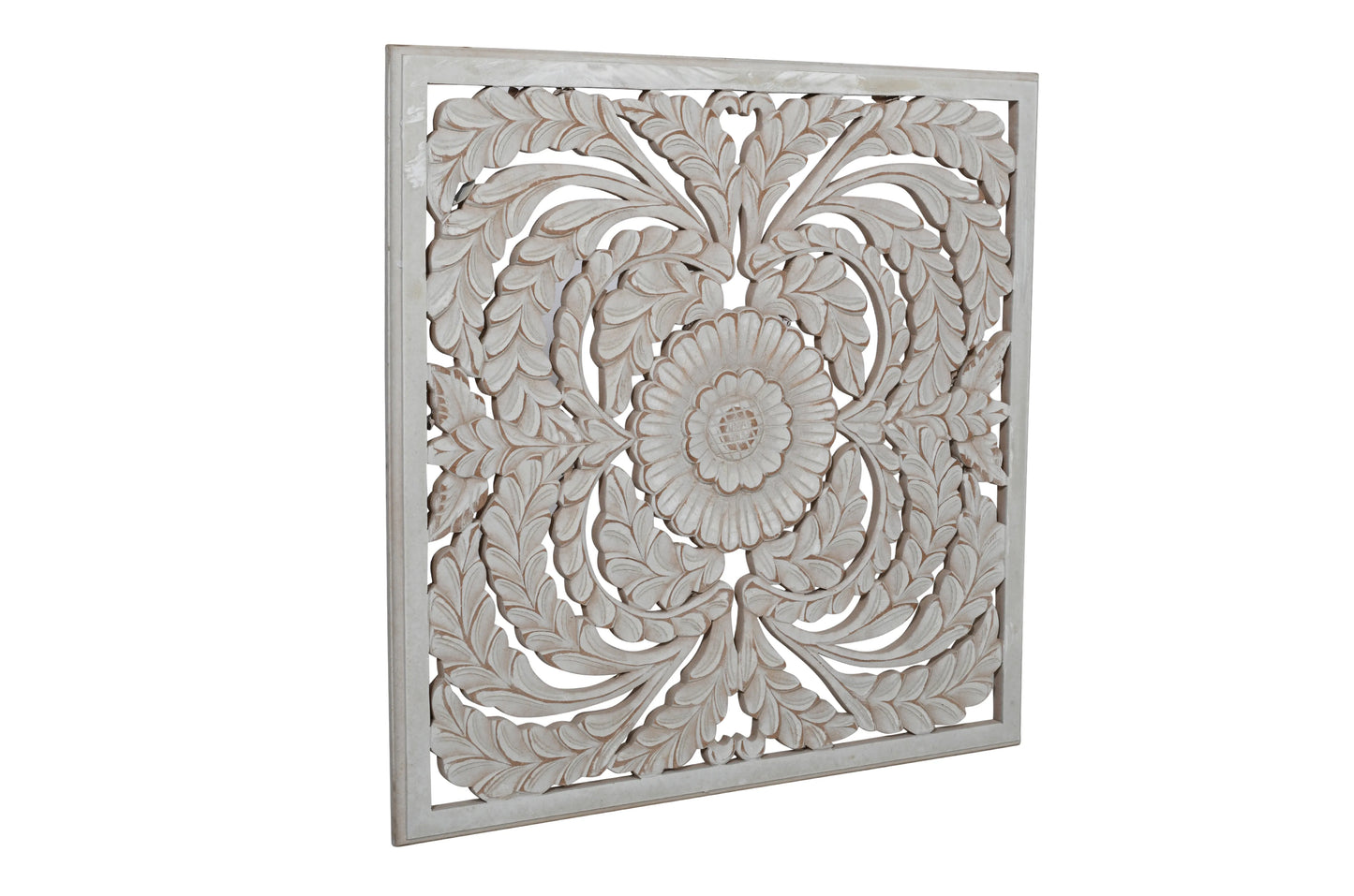 White Wash Floral Hand-Carved Wall Panel