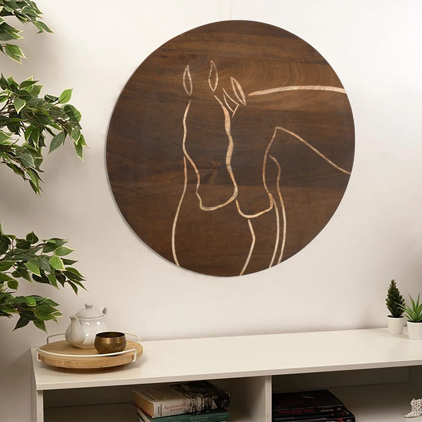 Rich Walnut Hand-Carved Horse Wall Panel