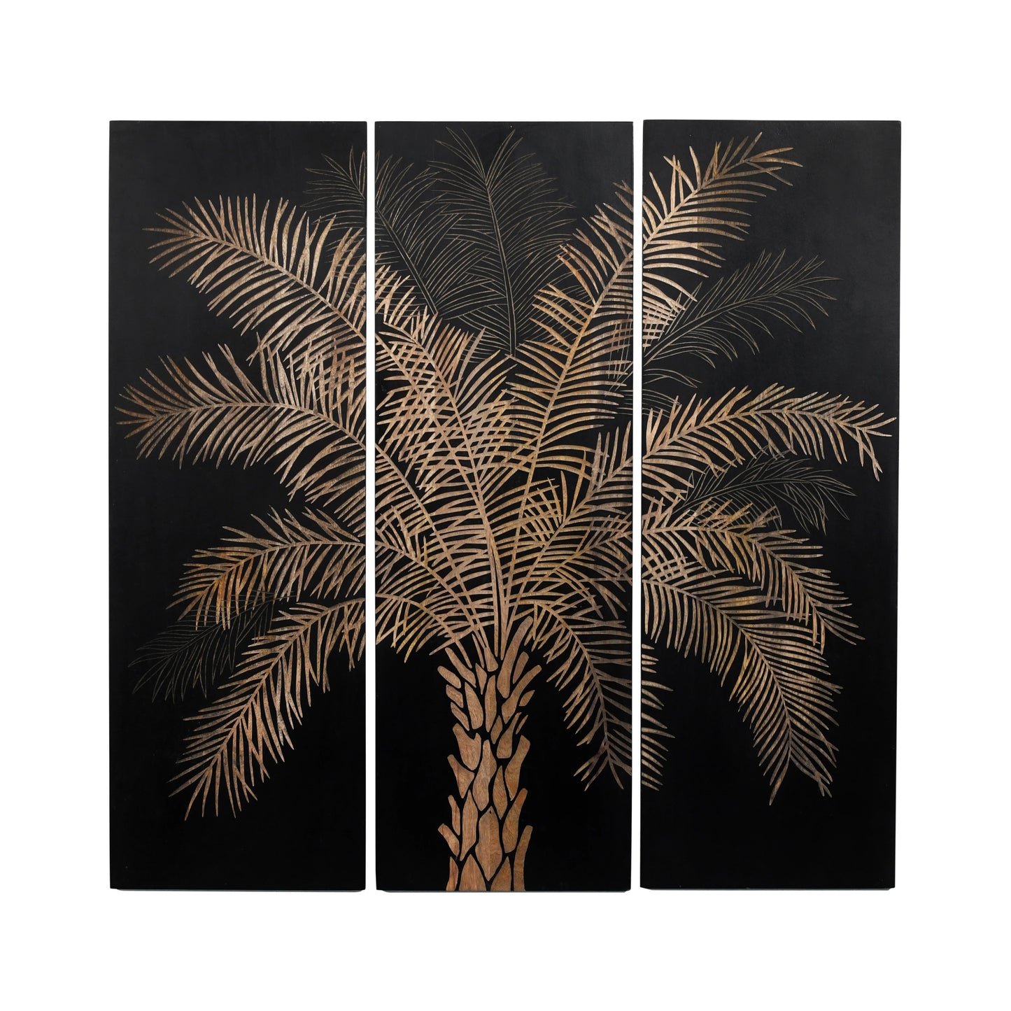 Set of 3 Black Finish Hand-Carved Palm Tree Wall Panels