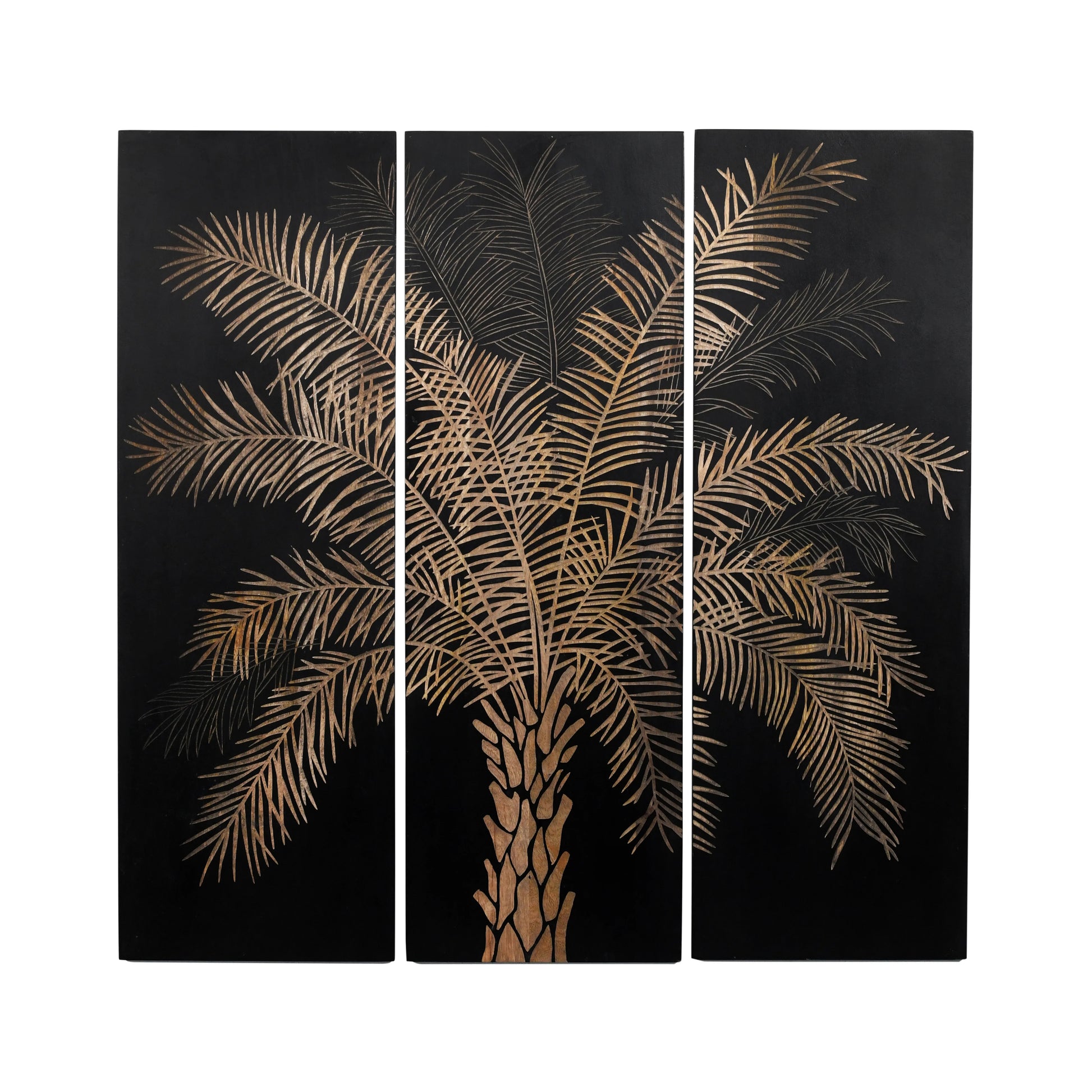 Set of 3 Black Finish Hand-Carved Palm Tree Wall Panels - Furniza